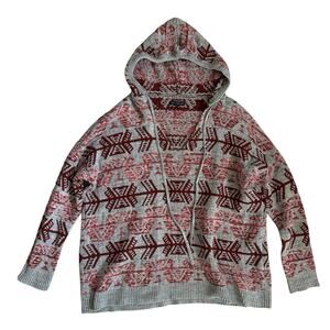 American Eagle Outfitters Sweater Women M Gray Pink Hooded Aztec Knit Pullover
